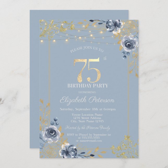 Blue Roses String Lights Dusty Blue 75th Birthday Invitation (Front/Back)