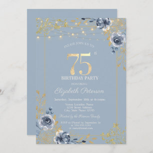 Blue Roses String Lights Dusty Blue 75th Birthday Invitation