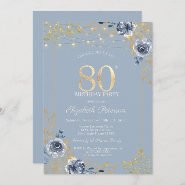 Blue Roses String Lights Dusty Blue 80th Birthday Invitation (Front/Back)