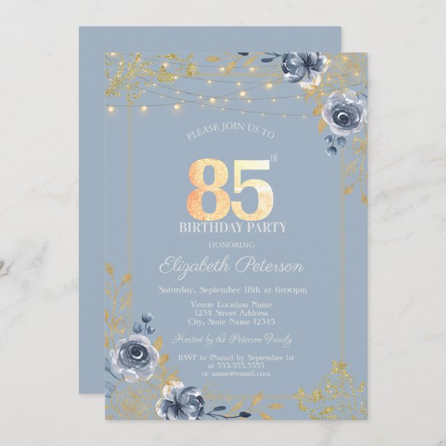 Blue Roses String Lights Dusty Blue 85th Birthday Invitation (Front/Back)