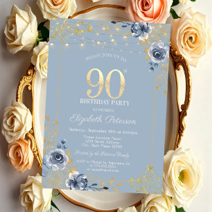 Blue Roses String Lights Dusty Blue 90th Birthday Invitation