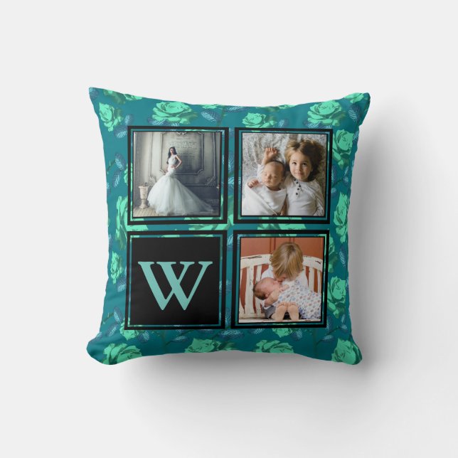 Blue Roses & Teal Family Photos Initial Letter Cushion (Front)