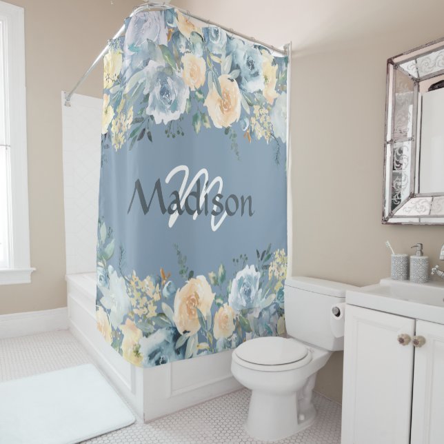 Blue Roses Trendy Girly Monogram Shower Curtain (In Situ)