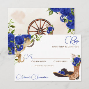 Blue Roses Vintage Charro Western Quinceanera RSVP Card