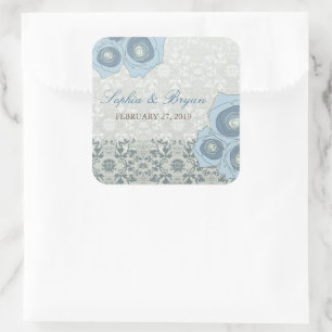 Blue Roses Vintage Damask Lace Wedding Party Favou Square Sticker