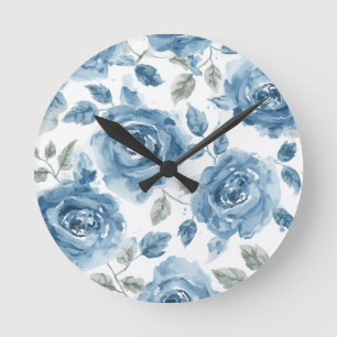 Blue Roses Watercolor Botanical Blooms Floral Round Clock