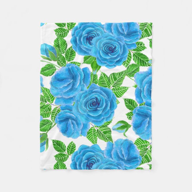 Blue roses watercolor seamless pattern fleece blanket (Front)