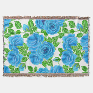 Blue roses watercolor seamless pattern throw blanket