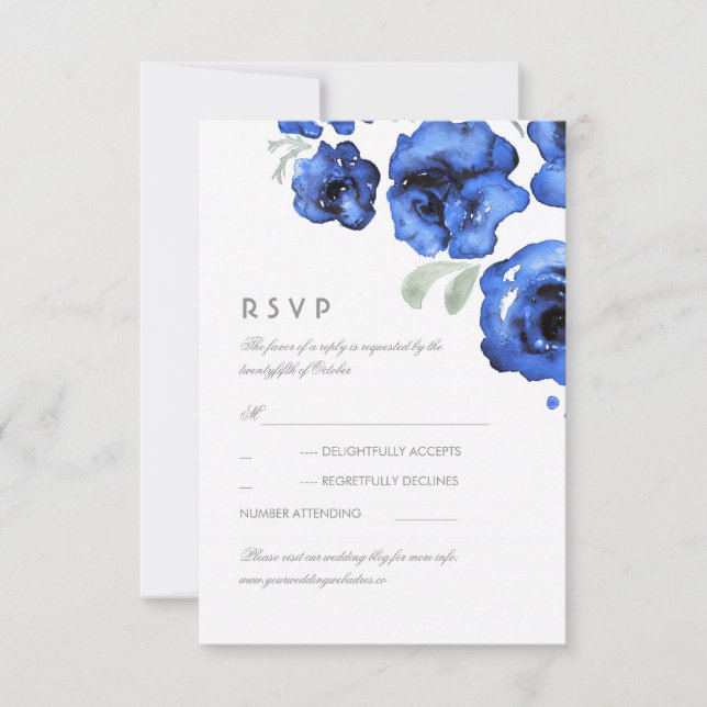 Blue Roses Watercolor Wedding RSVP Card (Front)