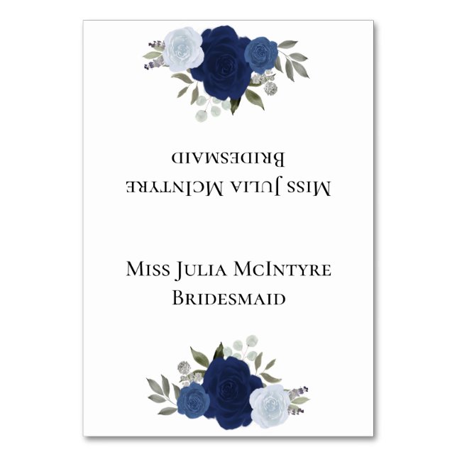 Blue Roses Wedding DIY Fold Place Card w/Title (Front)