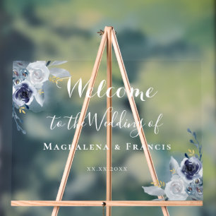 blue roses wedding welcome acrylic sign