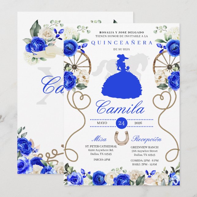 Blue Roses Western Mariachi Charro Quinceañera Invitation (Front/Back)