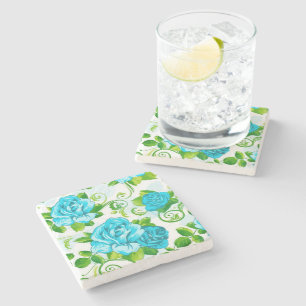 Blue Roses White Background Stone Coaster