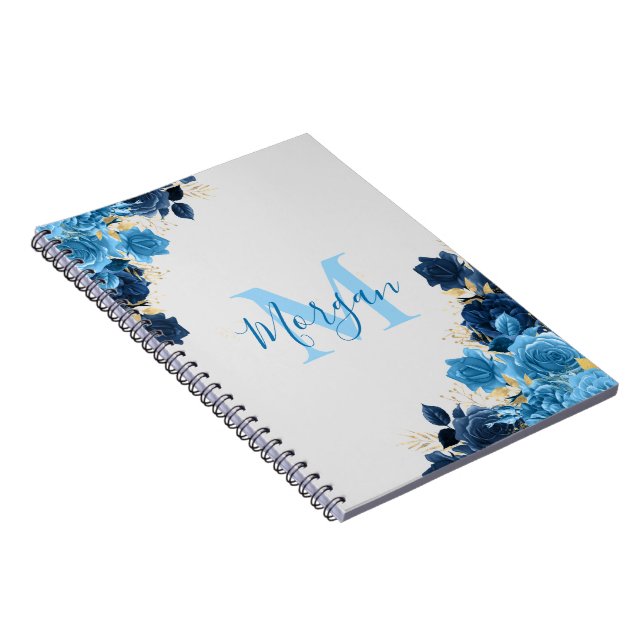 Blue Roses With Gold Glitter Script Monogrammed Notebook (Right Side)