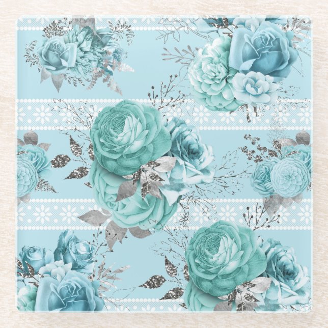 Blue Roses with Lace Glass Coaster (Front)