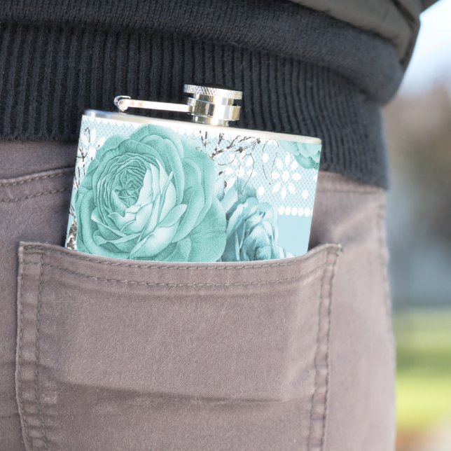 Blue Roses with Lace Hip Flask (In Situ)