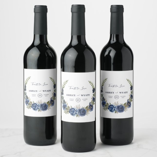 Blue Roses Wreath Wine Label (Bottles)