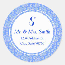 Blue Round Damask Address Label Sticker