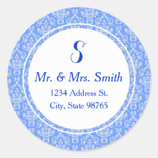 Blue Round Damask Address Label Sticker
