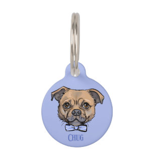 Blue Round dog ID Tag Name Chug pug & Chihuahua