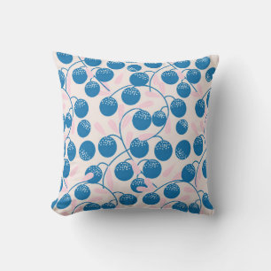 Blue round fruits with pink leaves,in a seamless p cushion