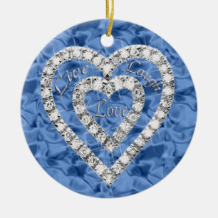 Blue Round Live Laugh Love Diamond Heart Ornament