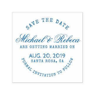 Blue Round Typography Rustic Save The Date Wedding Self-inking Stamp