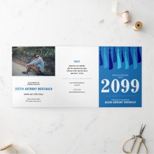 Blue Row of Tassels 3-Photo Graduation Tri-Fold Invitation