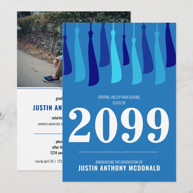 Blue Row of Tassels Photo Graduation Invitation (Front/Back)