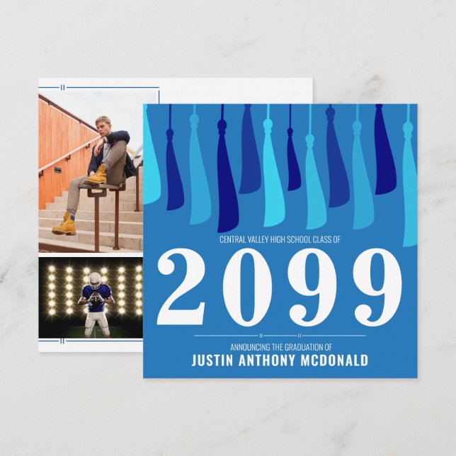 Blue Row of Tassels Two-Photo Graduation Invitation (Front/Back)