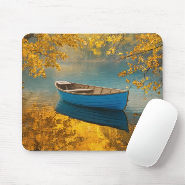 Blue Rowboat On Golden Lake Mouse Pad (With Mouse)