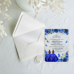 Blue Royal Floral Butterfly Twin Quinceanera  Acrylic Invitations