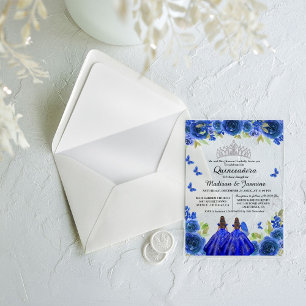 Blue Royal Floral Butterfly Twin Quinceanera Acrylic Invitations