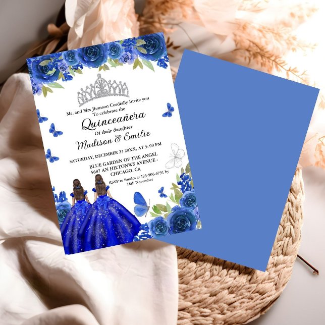 Blue Royal Floral Butterfly Twin Quinceanera  Invitation (Creator Uploaded)