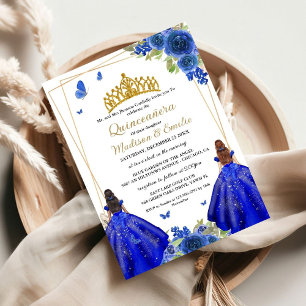 Blue Royal Floral Butterfly Twin Quinceanera Invitation