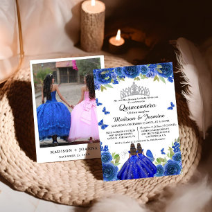 Blue Royal Floral Butterfly Twin Quinceanera Invitation