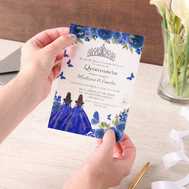 Blue Royal Floral Butterfly Twin Quinceanera  Vellum Invitations (Handheld)