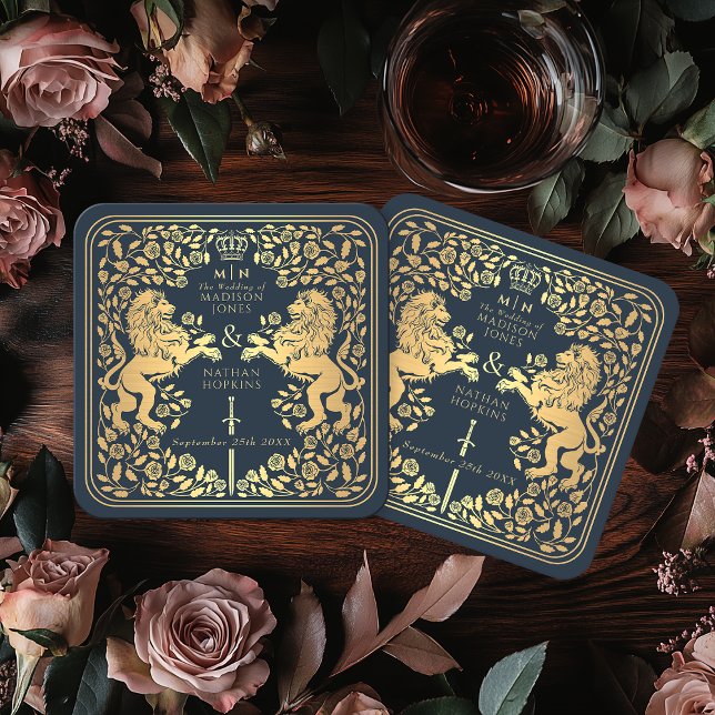 Blue Royal Lion Mediaeval Sword Wedding Square Paper Coaster (Creator Uploaded)