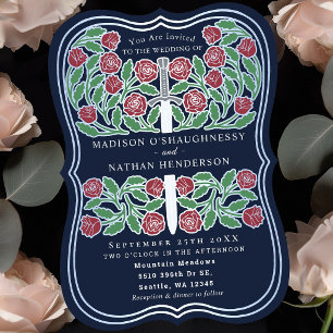 Blue Royal Mediaeval Floral Silver Sword Wedding Invitation