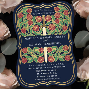 Blue Royal Mediaeval Floral Sword Wedding Invitation