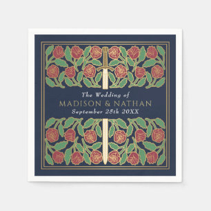 Blue Royal Mediaeval Gold Floral Sword Wedding Napkin