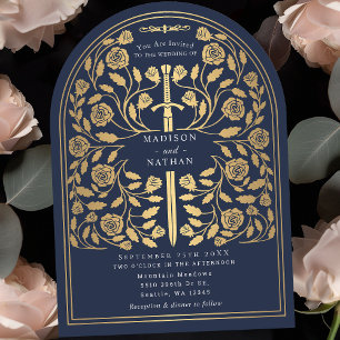 Blue Royal Mediaeval Gold Sword Wedding Arch Invitation