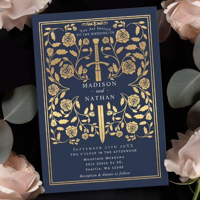 Blue Royal Mediaeval Gold Sword Wedding Invitation (Creator Uploaded)