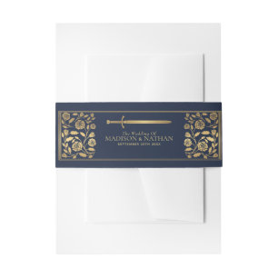 Blue Royal Mediaeval Gold Sword Wedding Invitation Belly Band