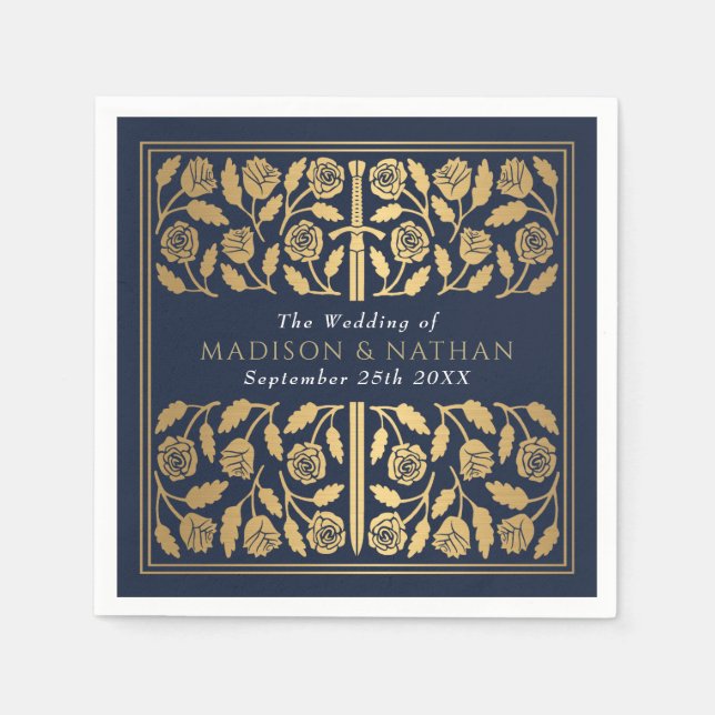 Blue Royal Mediaeval Gold Sword Wedding Napkin (Front)