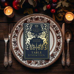 Blue Royal Mediaeval Lion Wedding  Foil Table Card