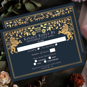 Blue Royal Mediaeval Lion Wedding RSVP Card