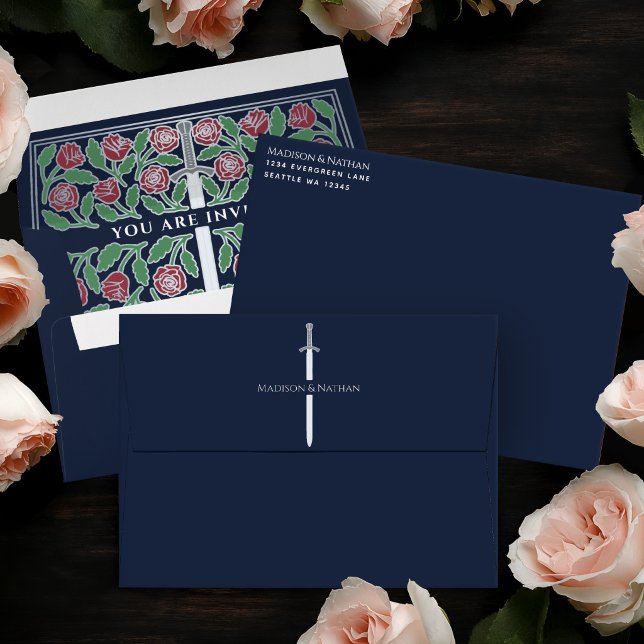 Blue Royal Mediaeval Silver Floral Sword Wedding Envelope (Creator Uploaded)
