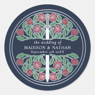 Blue Royal Mediaeval Silver Sword Wedding  Classic Round Sticker