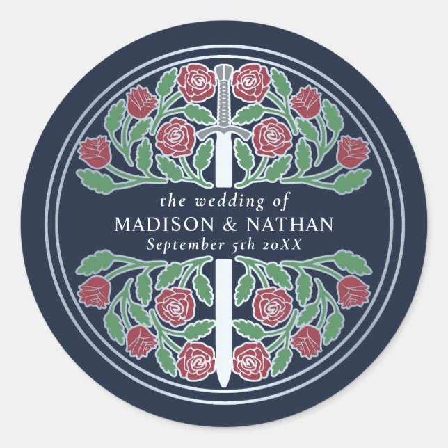 Blue Royal Mediaeval Silver Sword Wedding  Classic Round Sticker (Front)